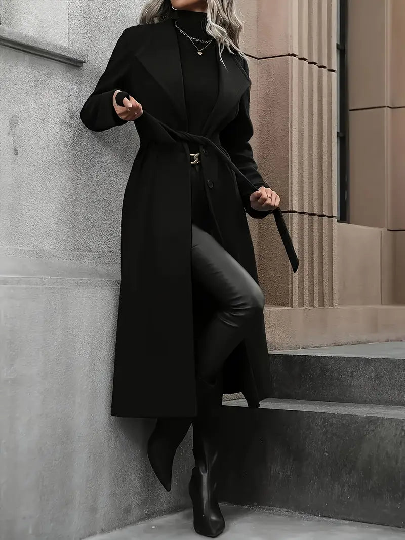 Kvinders Sorte Bælte Trench Coat – Elegant Skræddersyet Pasform til Efterår & Vinter