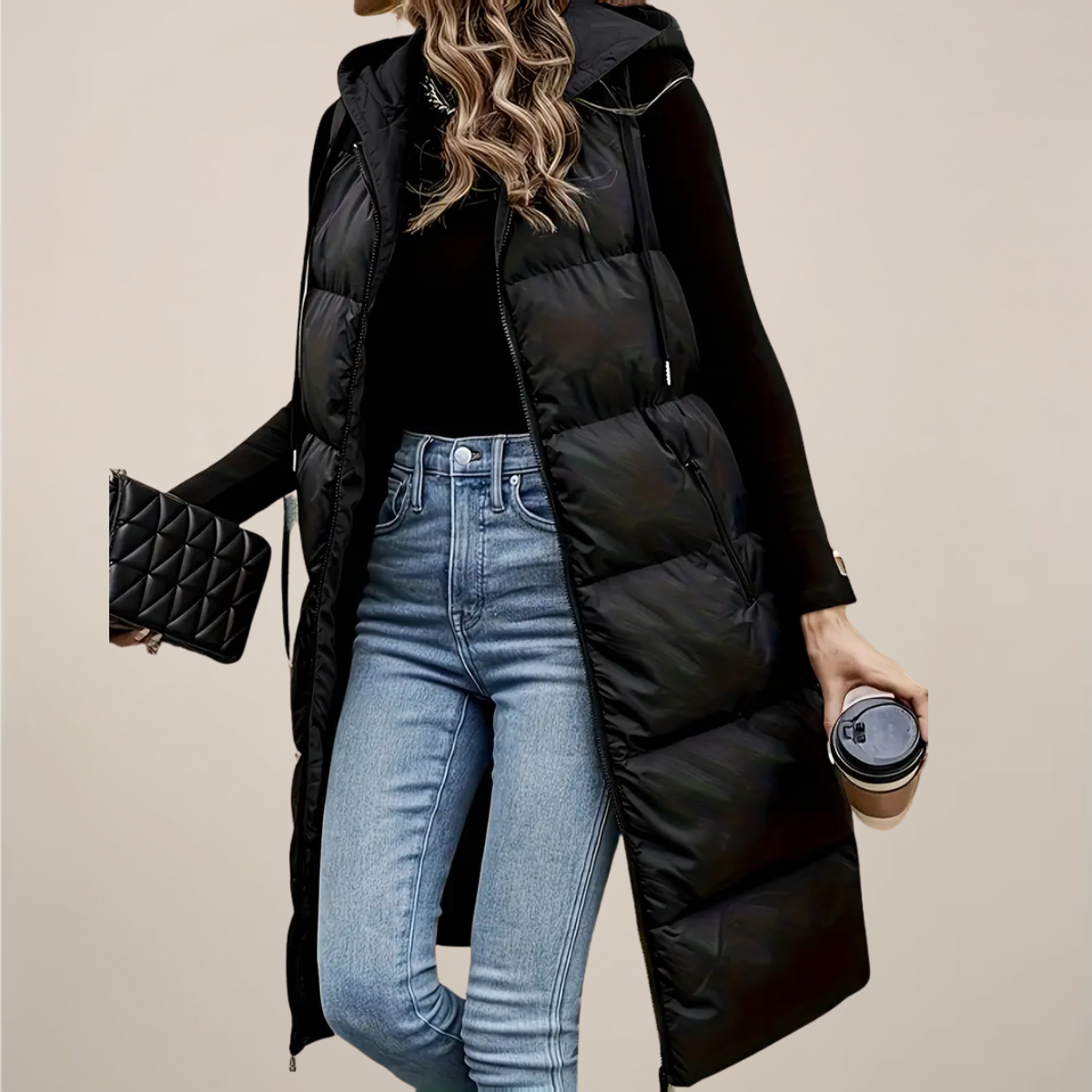 Kvinders Sorte Langline Puffer Gilet – Med Hætte, Lynlås Front, Lynlåslommer