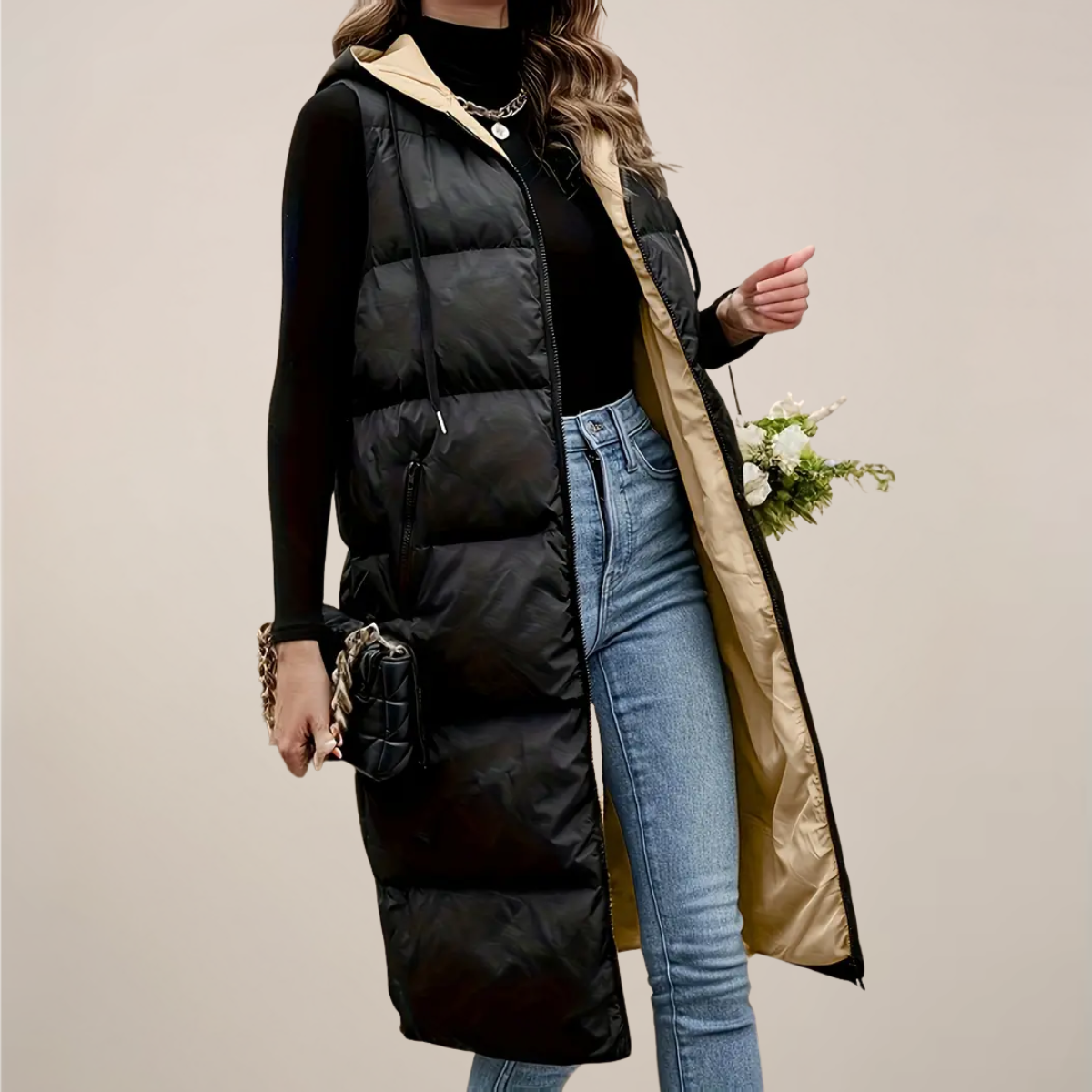 Kvinders Sorte Langline Puffer Gilet – Med Hætte, Lynlås Front, Lynlåslommer