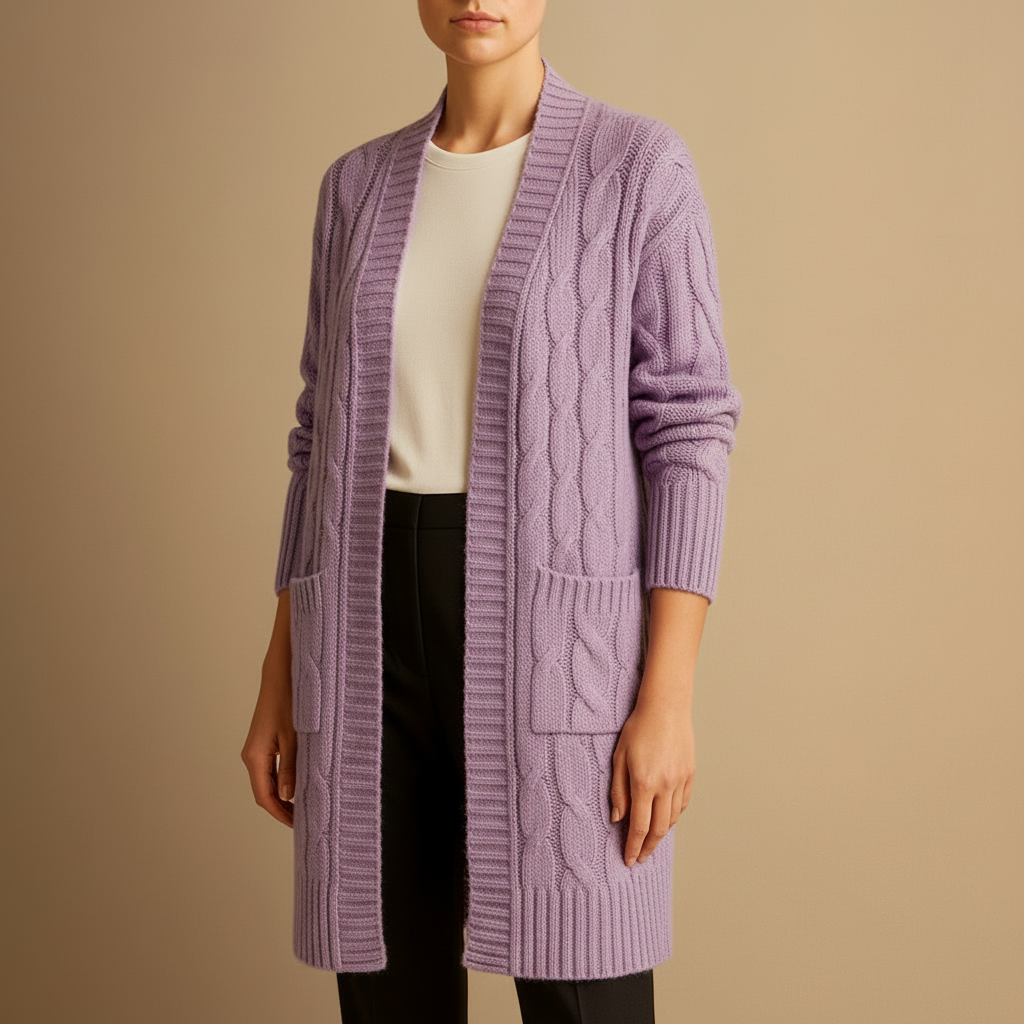Kvinders Kabelstrikket Lang Cardigan – Åben Front Design med Lommer