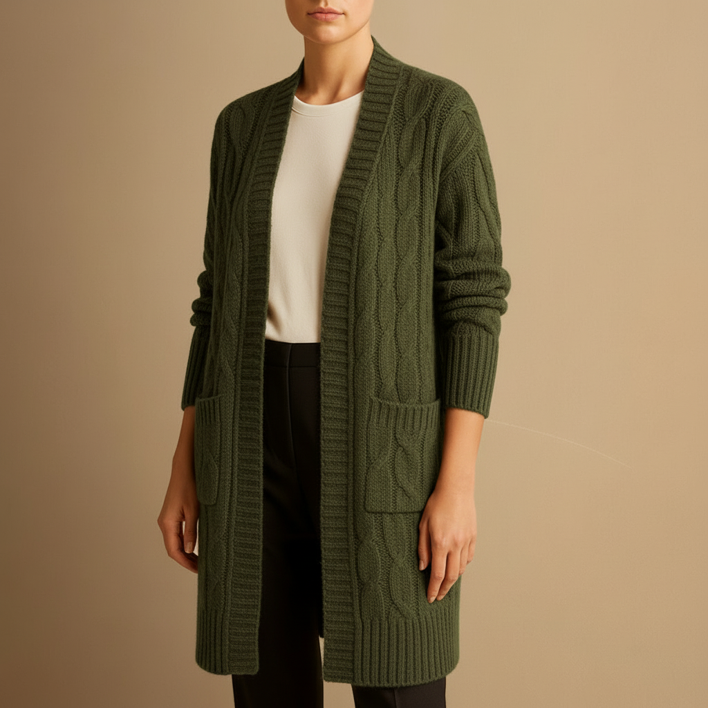 Kvinders Kabelstrikket Lang Cardigan – Åben Front Design med Lommer