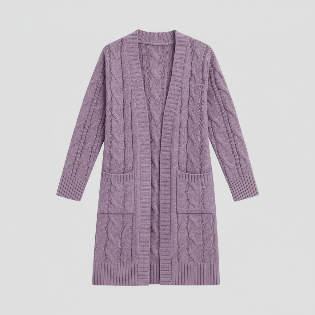 Kvinders Kabelstrikket Lang Cardigan – Åben Front Design med Lommer