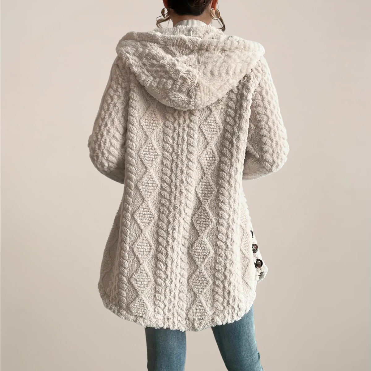 Kvindernes Creme Hættetrøje Jacquard Plush Frakke – Varm Helårs Cardigan Jakke