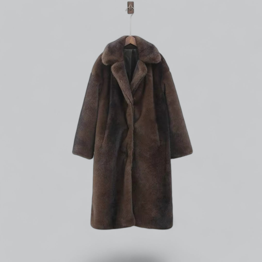 Kvinders Mørkebrune Lange Faux Fur Frakke – Luksuriøs Vinter Yderbeklædning