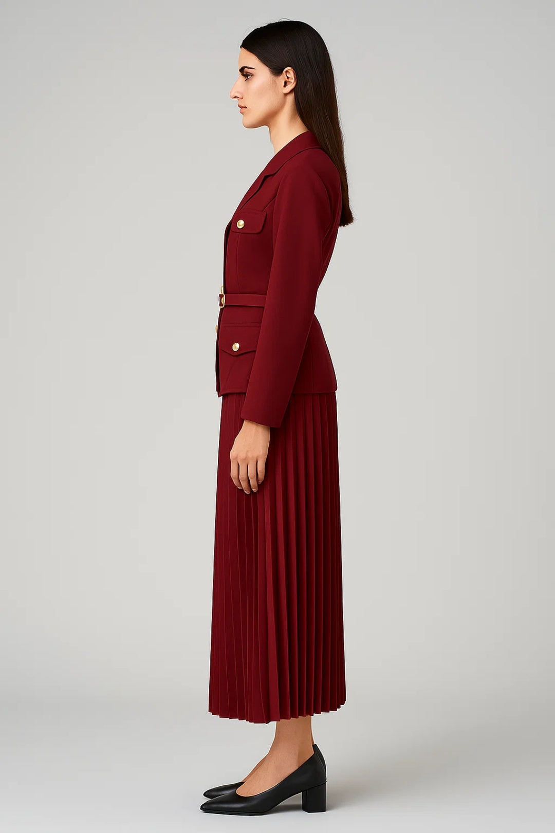 Kvinders Elegante Dobbeltbrystet Blazer og Plisseret Midi Skirt Sæt – Skræddersyet Formelt To-delt i Bordeaux