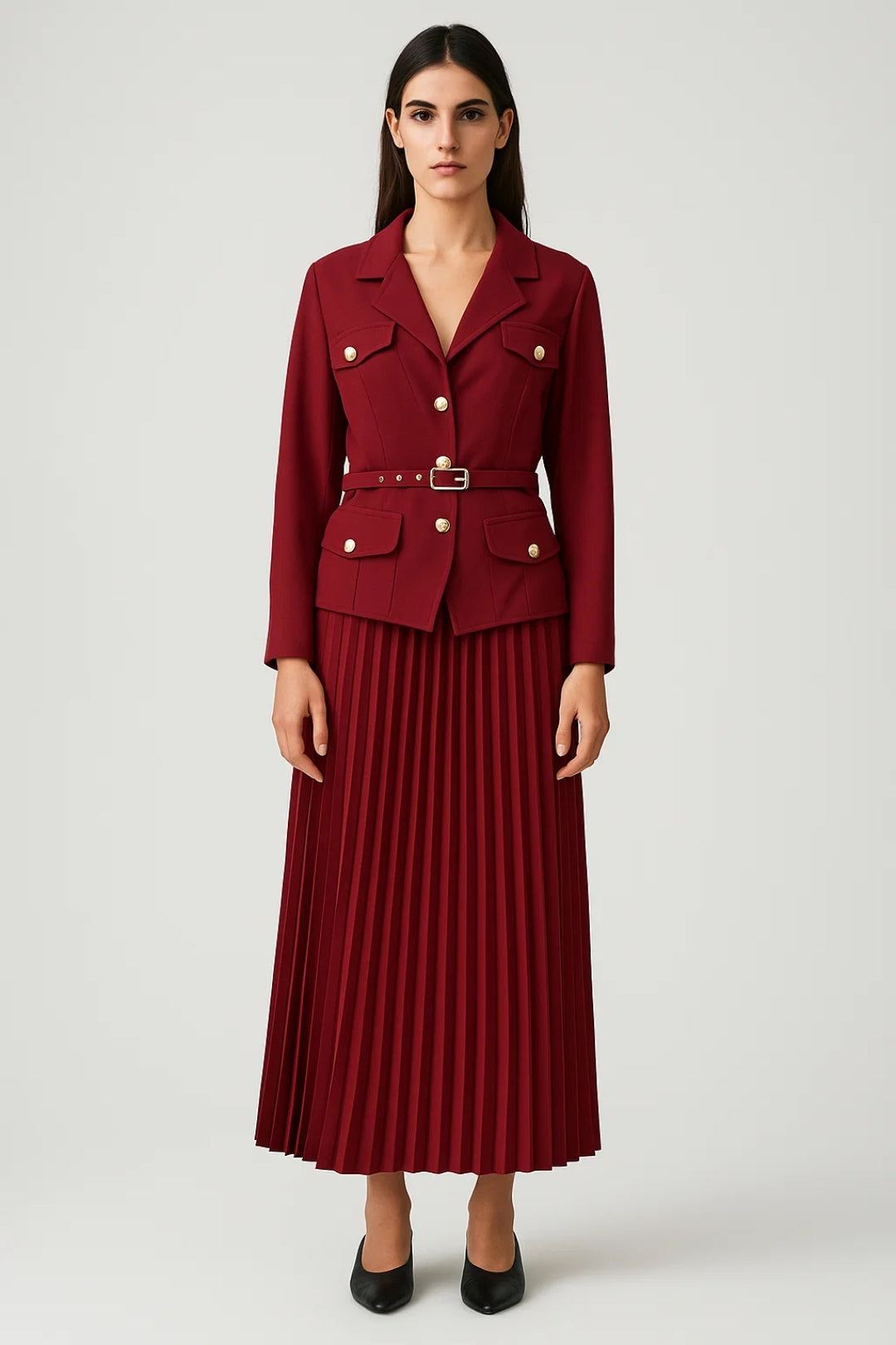 Kvinders Elegante Dobbeltbrystet Blazer og Plisseret Midi Skirt Sæt – Skræddersyet Formelt To-delt i Bordeaux