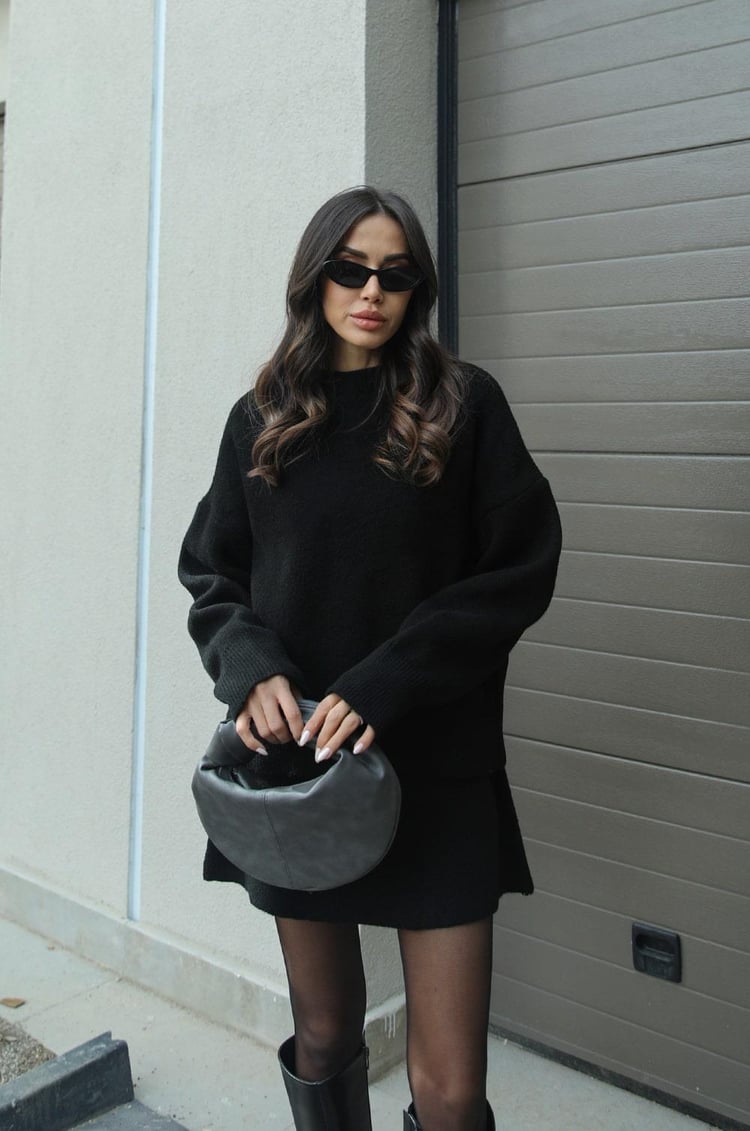 Kvinders Strikket Sweater & Nederdel Sæt – Lange Ærmer, Mini, Co-Ord