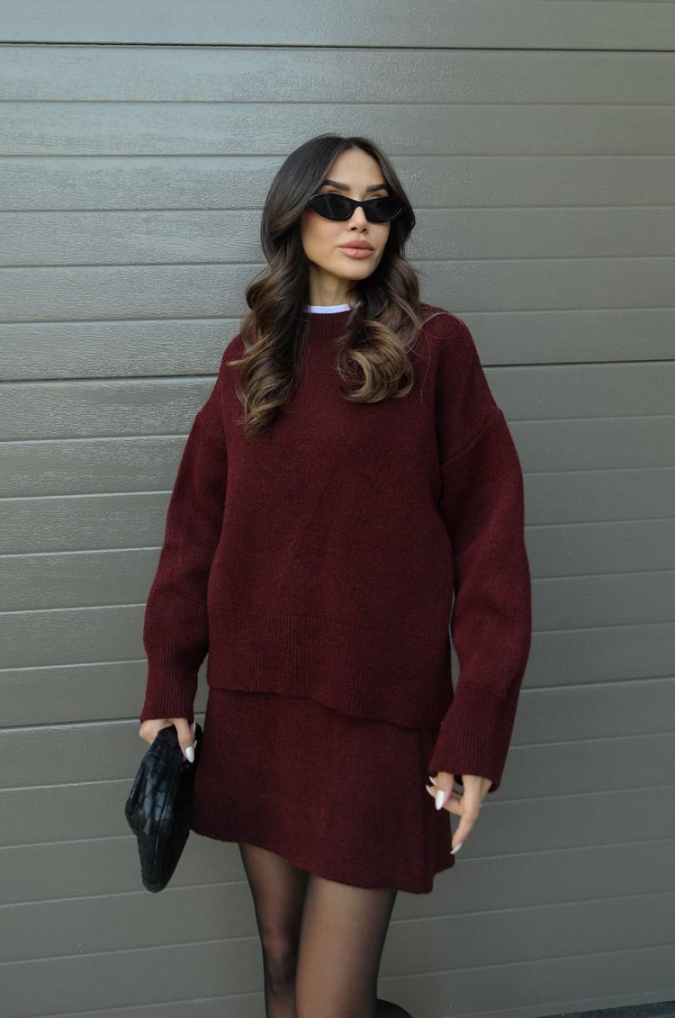 Kvinders Strikket Sweater & Nederdel Sæt – Lange Ærmer, Mini, Co-Ord