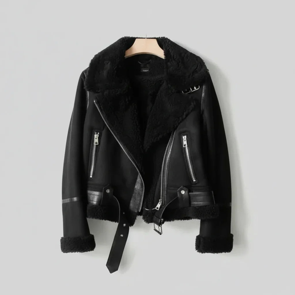 Kvinders Shearling Bikerjakke – Sherpa Fodret med Bæltekant
