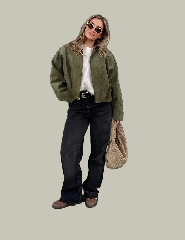 Kvinders Kort Jakke – Faux Suede, Oversized, Elastisk Kant