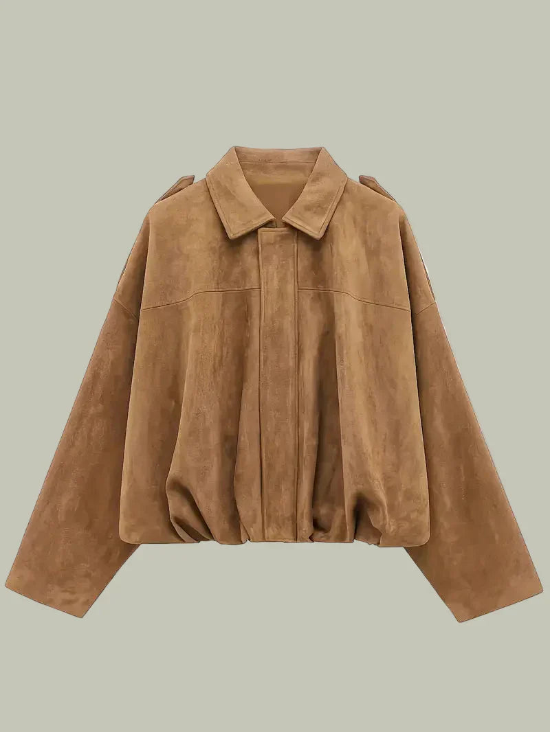 Kvinders Kort Jakke – Faux Suede, Oversized, Elastisk Kant