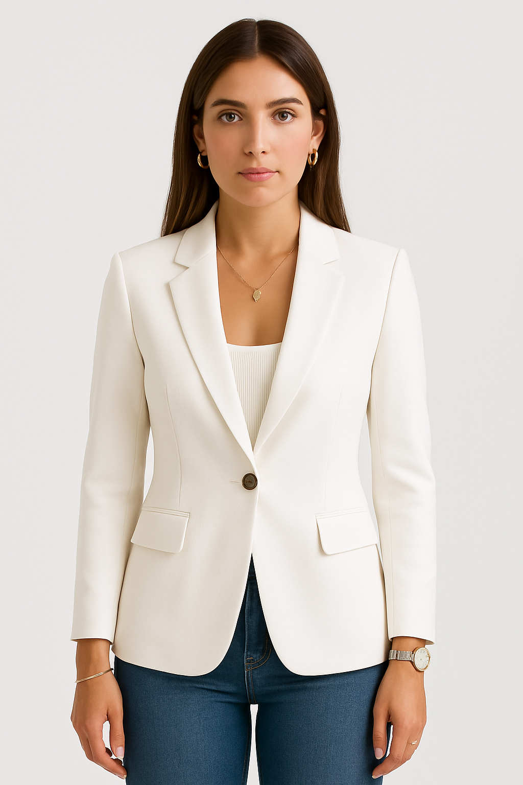 Dametilpasset Blazer – Enkeltknappet – Slim Fit – Hvid