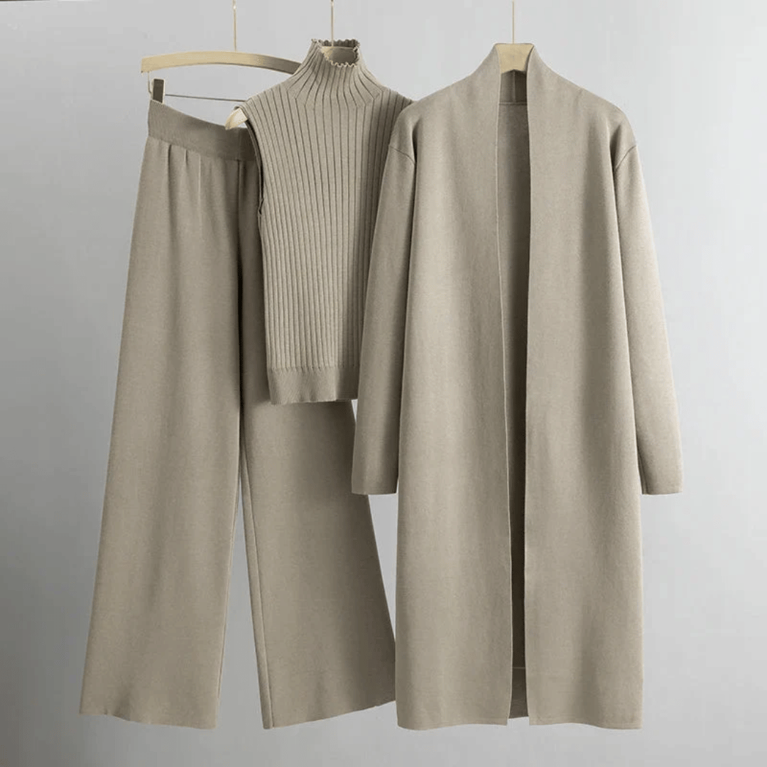 Kvinders Tre-dels Lounge Sæt – Ribbet Strik Top, Bredbens Bukser & Lang Cardigan
