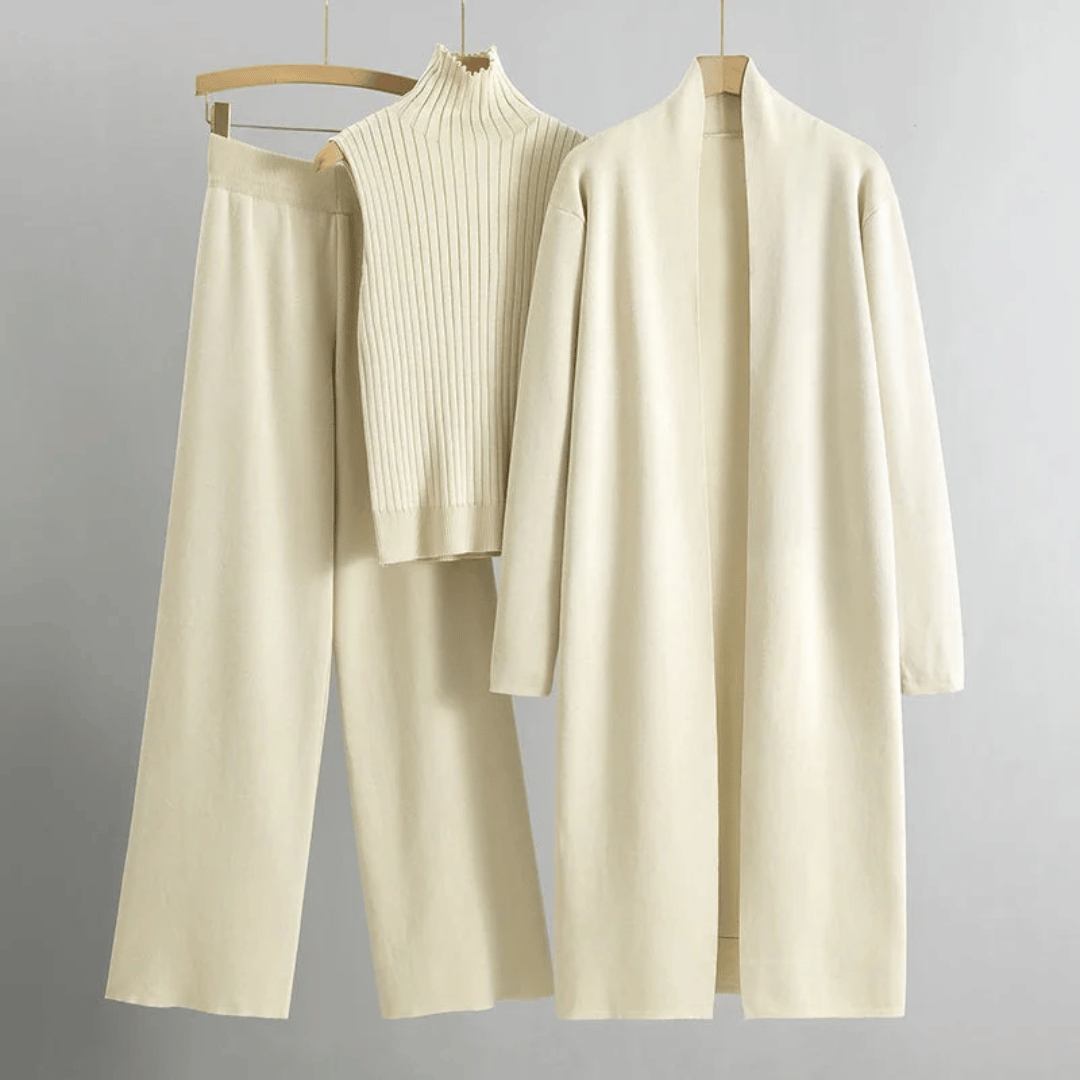 Kvinders Tre-dels Lounge Sæt – Ribbet Strik Top, Bredbens Bukser & Lang Cardigan