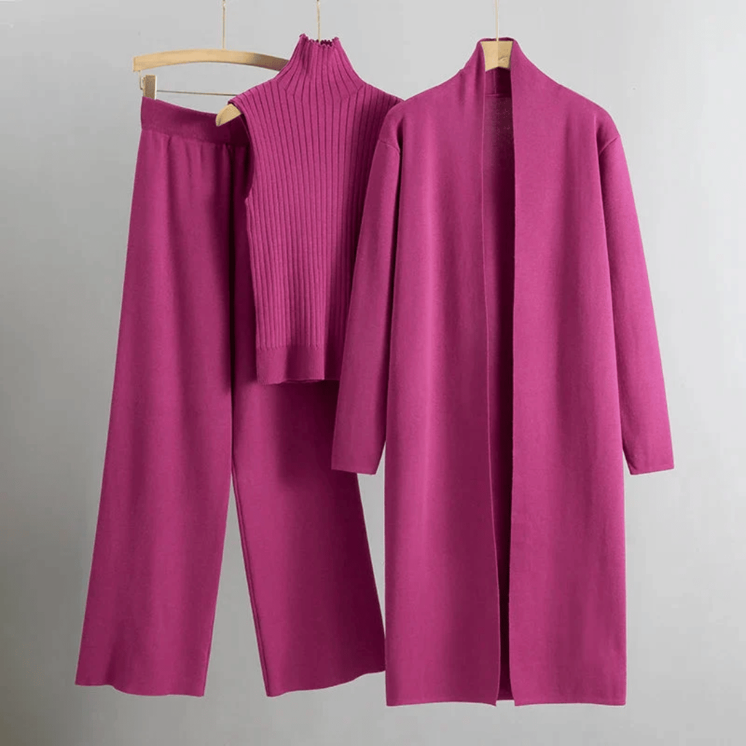 Kvinders Tre-dels Lounge Sæt – Ribbet Strik Top, Bredbens Bukser & Lang Cardigan