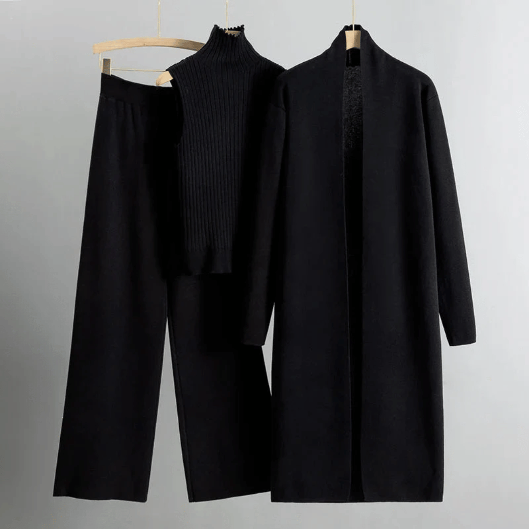 Kvinders Tre-dels Lounge Sæt – Ribbet Strik Top, Bredbens Bukser & Lang Cardigan