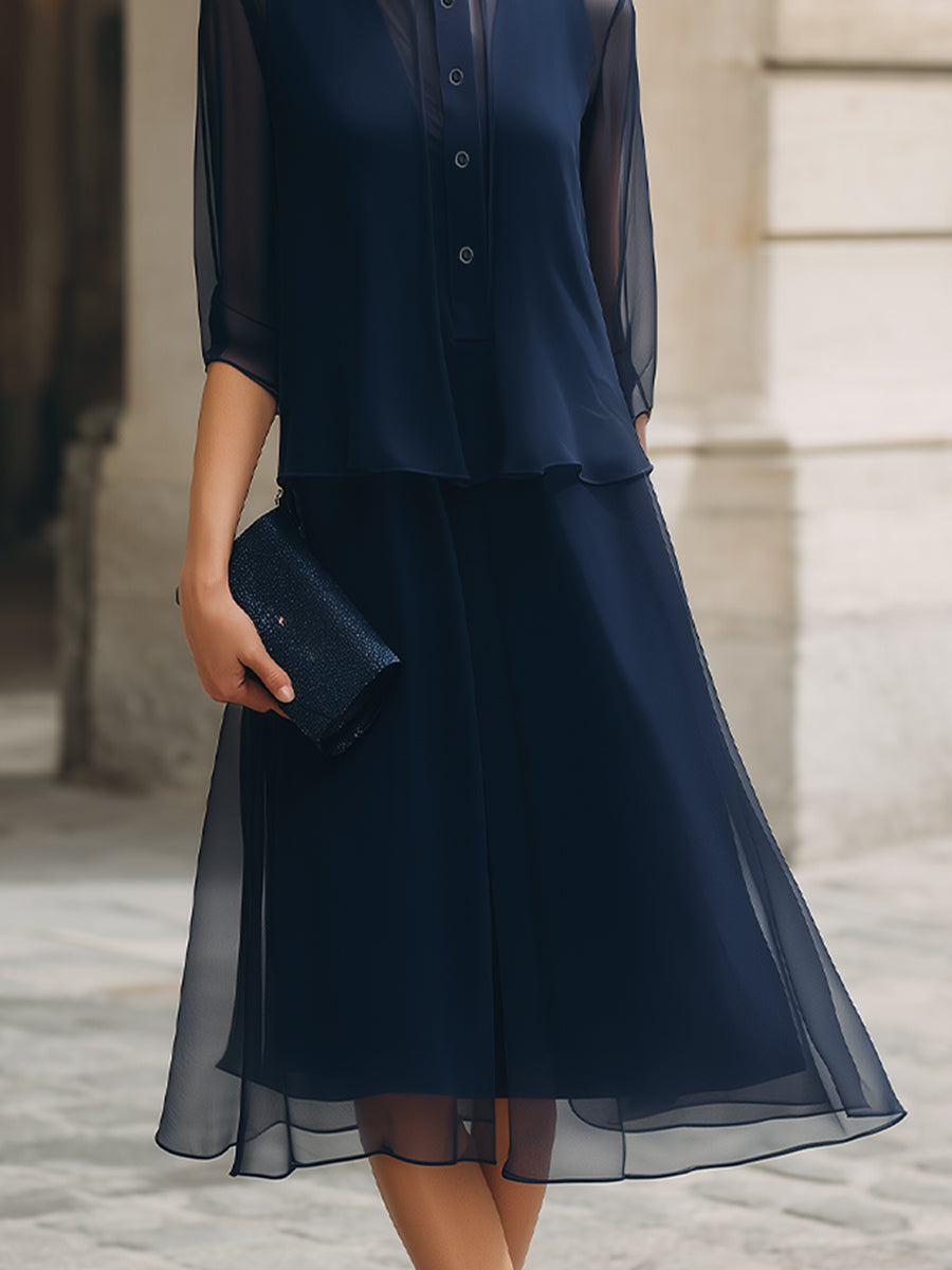 Knap-Front Gennemsigtig Overlay Midi Kjole
