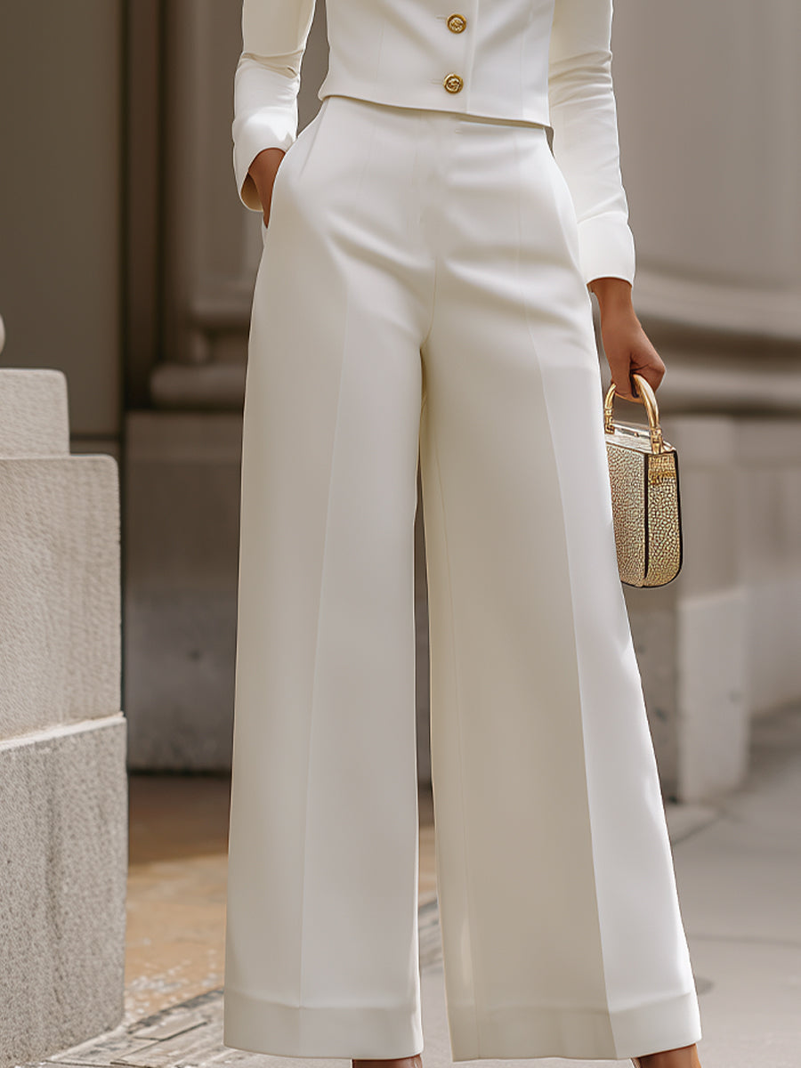 Hvid Cropped Mandarin Krave Blazer & Bredbenede Bukser Sæt