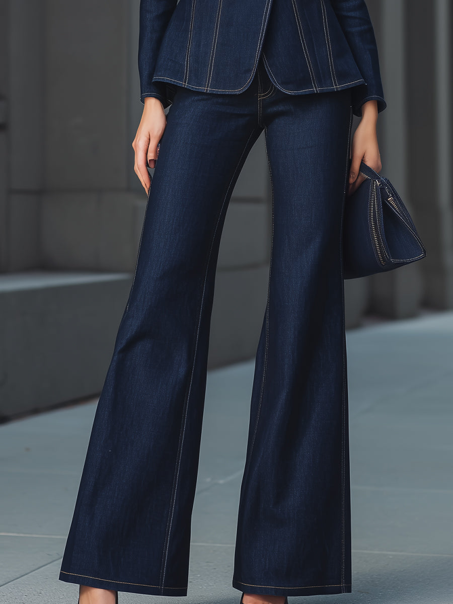 Skræddersyet Mørk Denim Blazer & Flare Bukser Sæt
