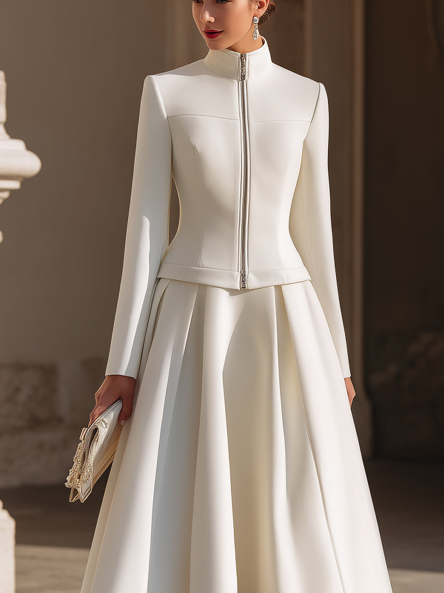 Stå Krave Zip-Up Jakke Og Plisseret Midi Skirt Sæt
