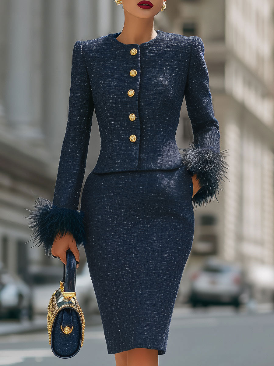 Glamorøs Faux Fur - Trimmet Tweed Nederdel Suit