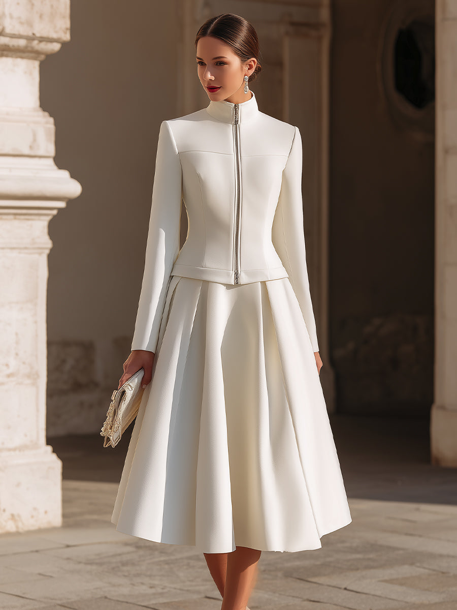 Stå Krave Zip-Up Jakke Og Plisseret Midi Skirt Sæt