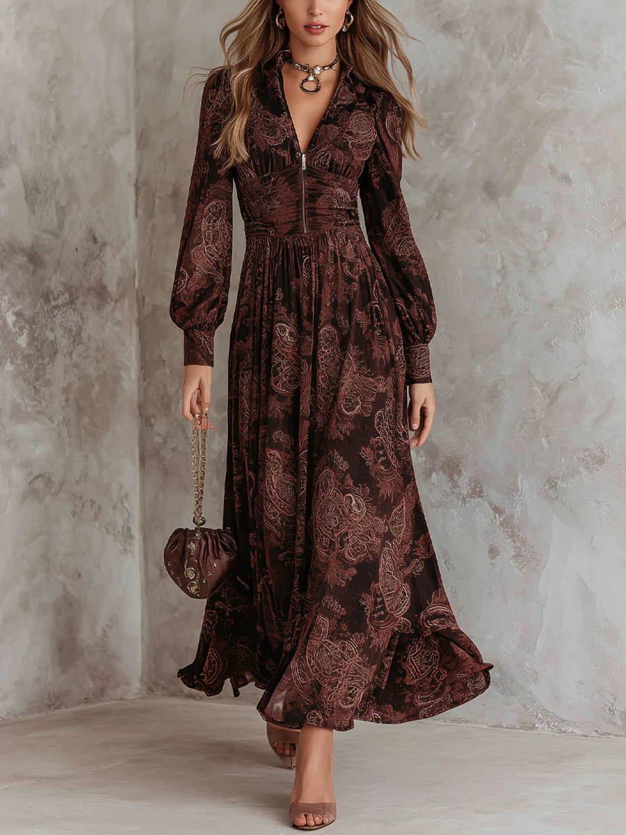 Marlene | Paisley Zip-Neck Midi Kjole