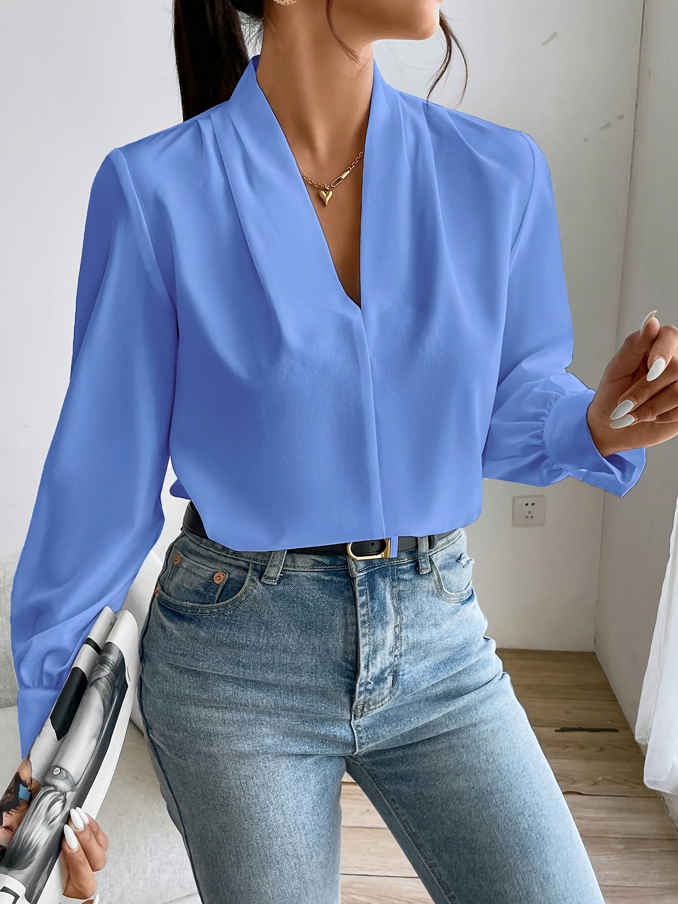 Kvinders Bluse Sort V-Hals Polyester Elegant Komfortabel