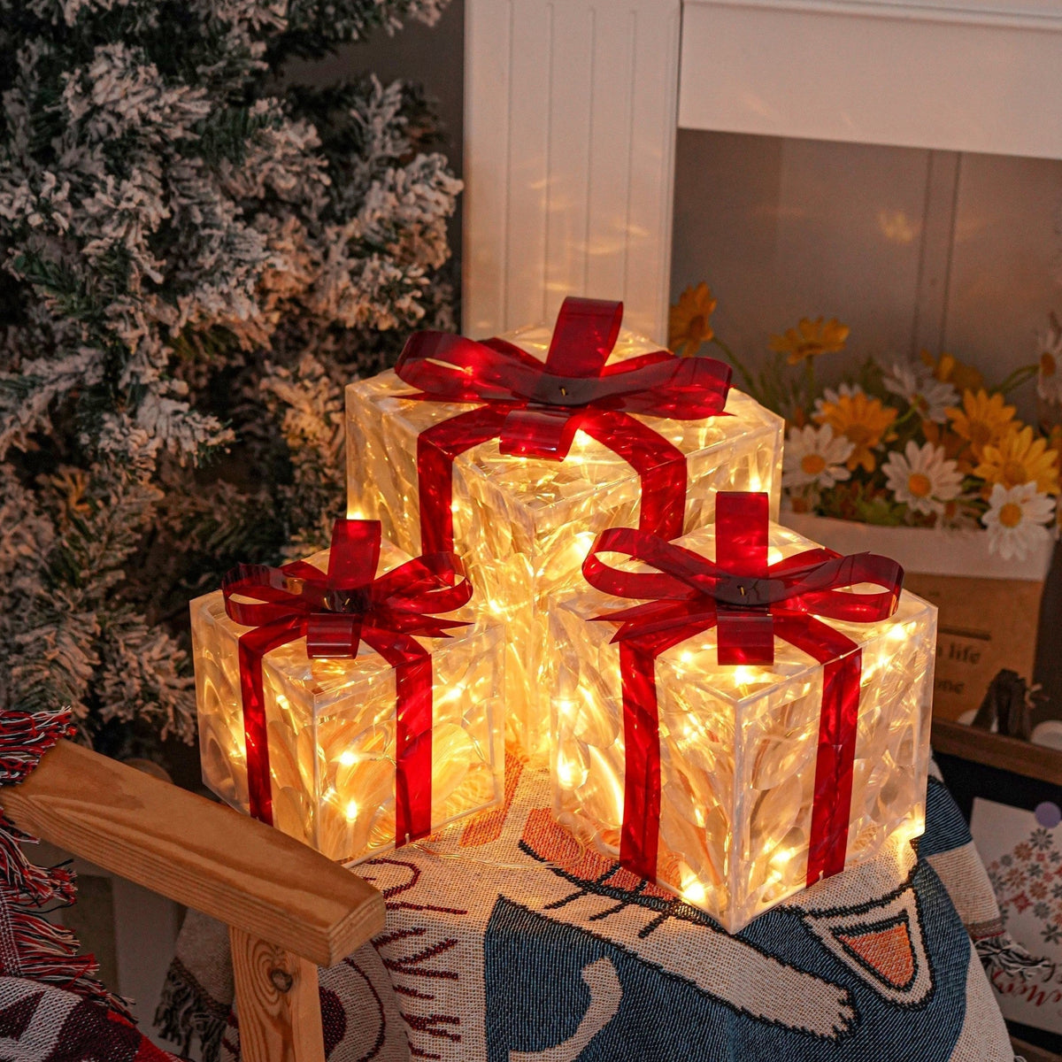 LED-julklappsbelysning – set med 3 belysta presentlådor för inomhus- och utomhusbruk