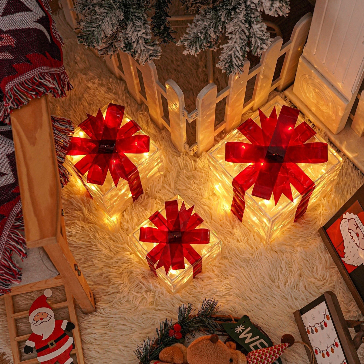 LED-julklappsbelysning – set med 3 belysta presentlådor för inomhus- och utomhusbruk