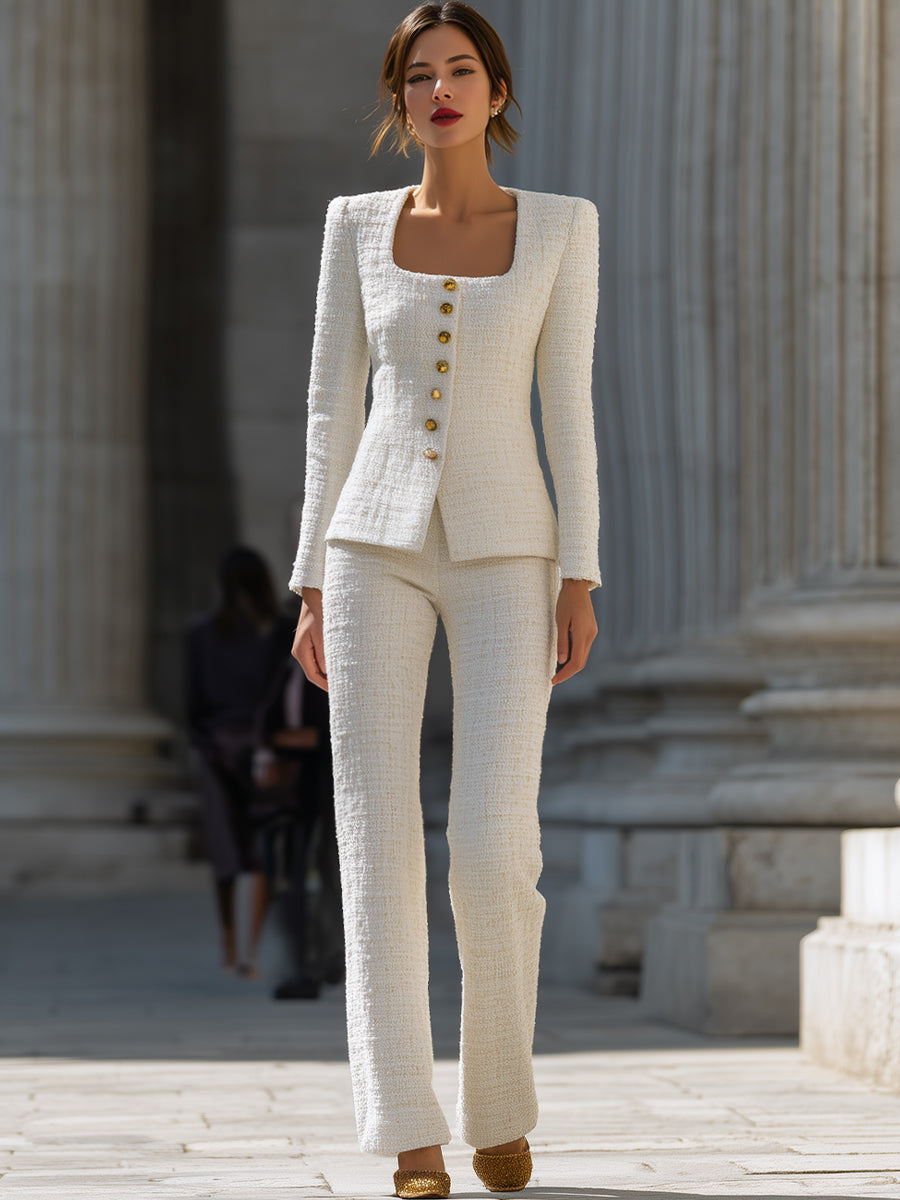 Elfenbens Tweed Square-Neck Suit Set