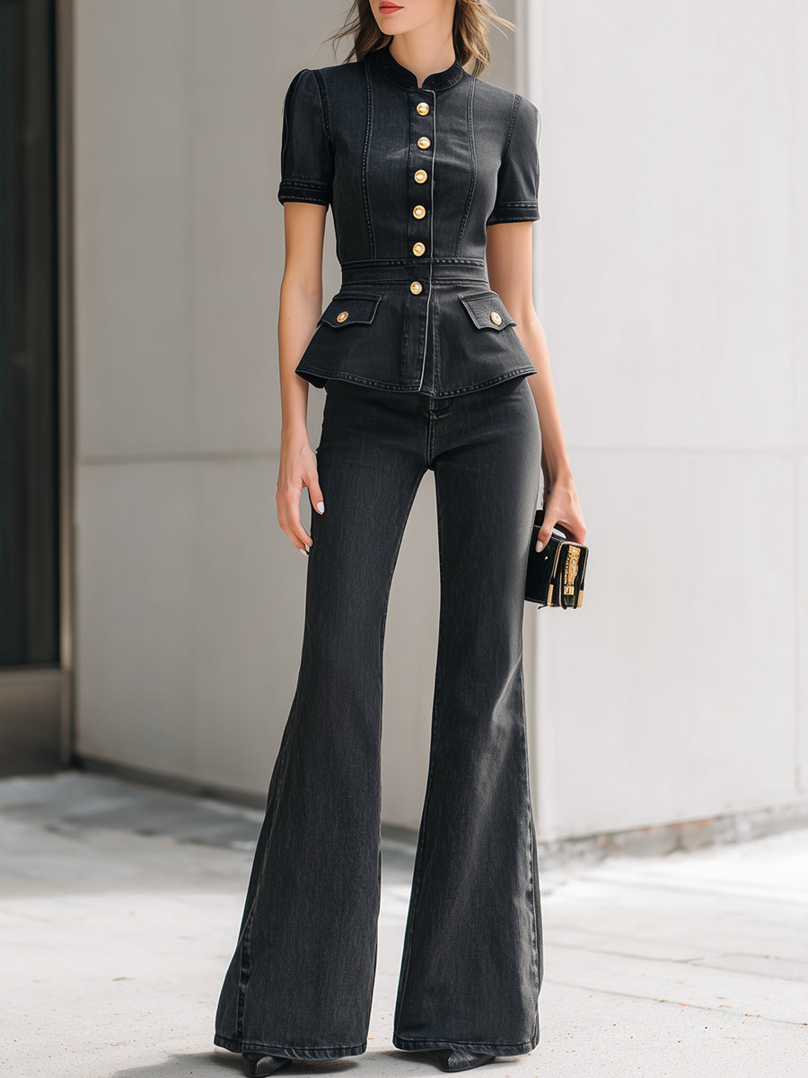 Vasket Sort Denim Peplum Top & Flared Bukser To-Delt Sæt