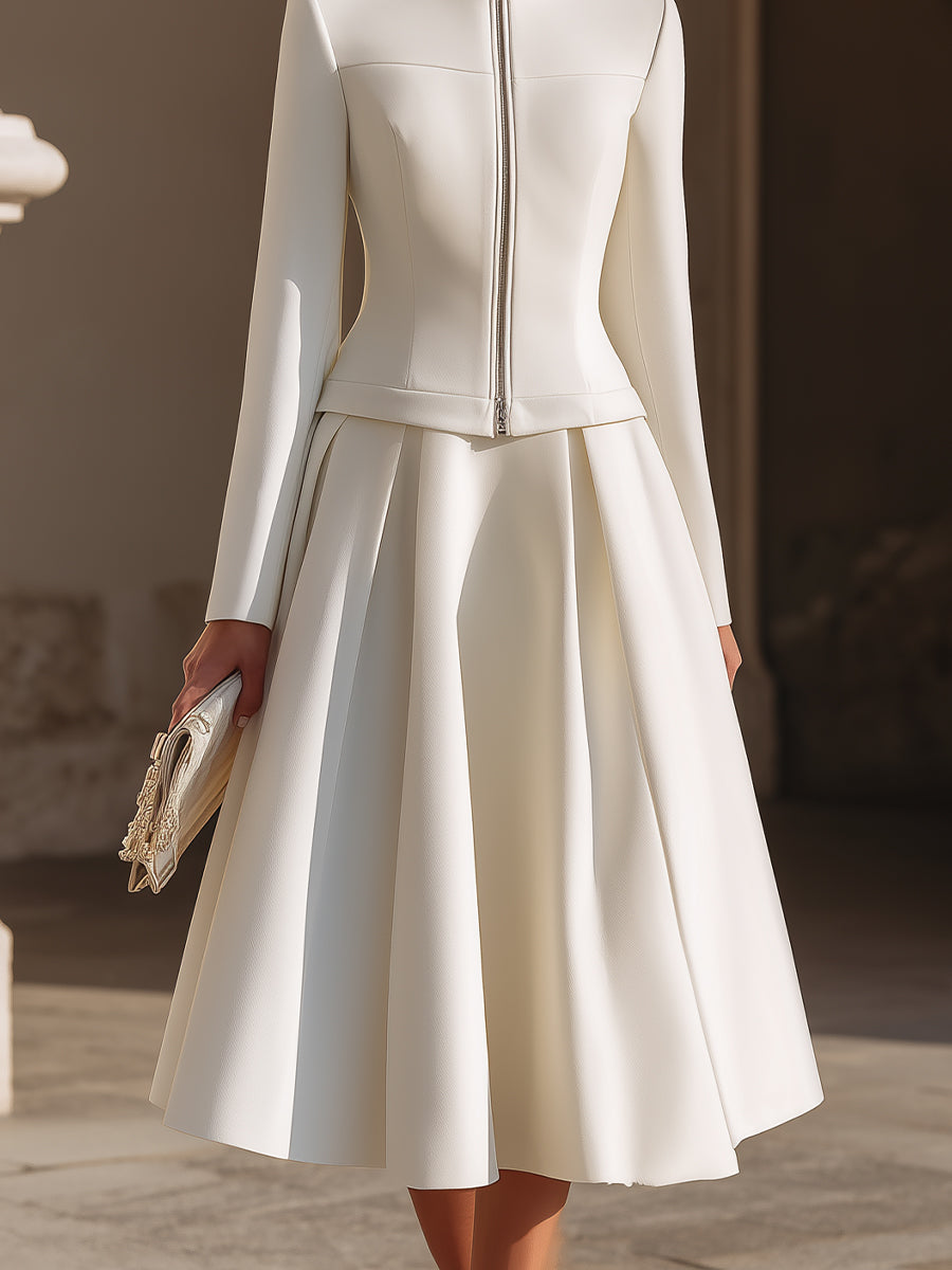 Stå Krave Zip-Up Jakke Og Plisseret Midi Skirt Sæt