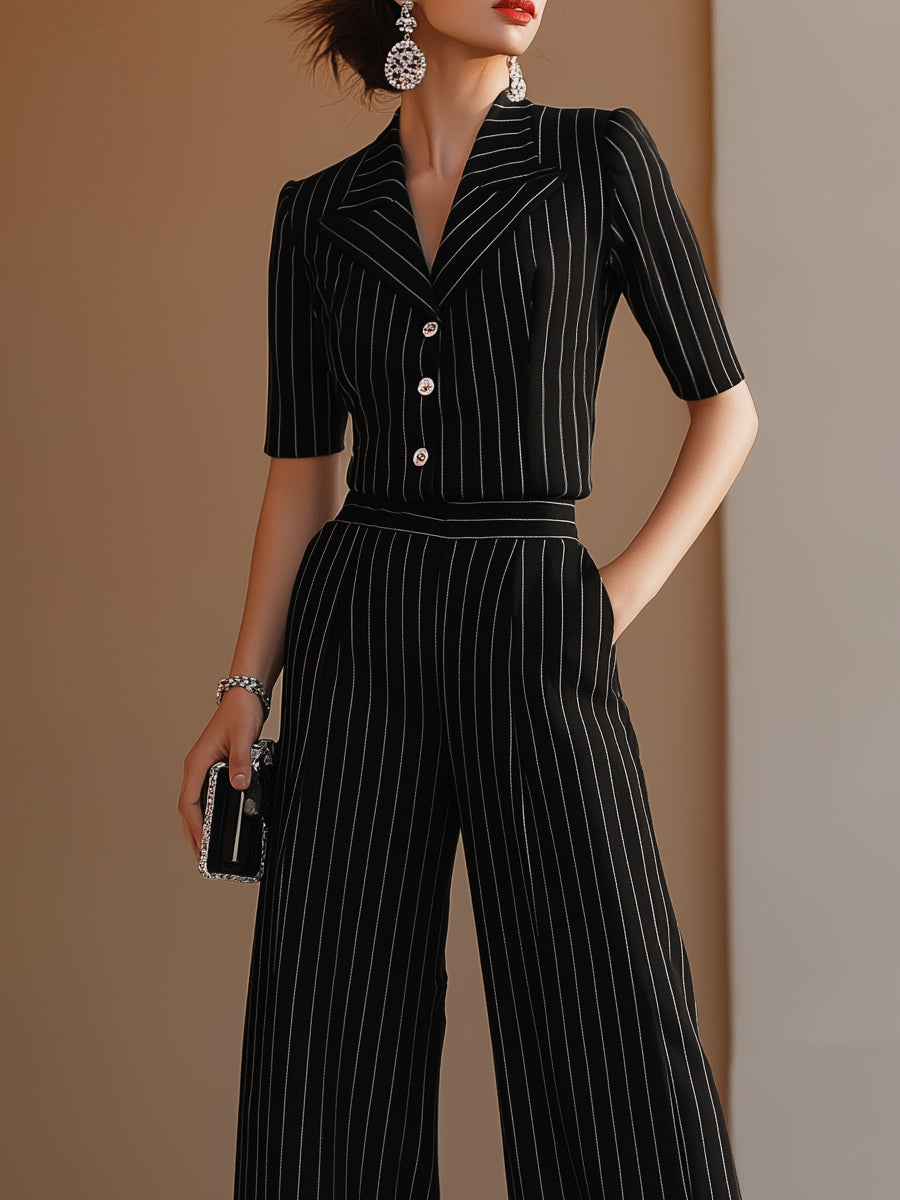 Pinstripe Skræddersyet Knap-Front Top & Bred-Ben Bukse Sæt