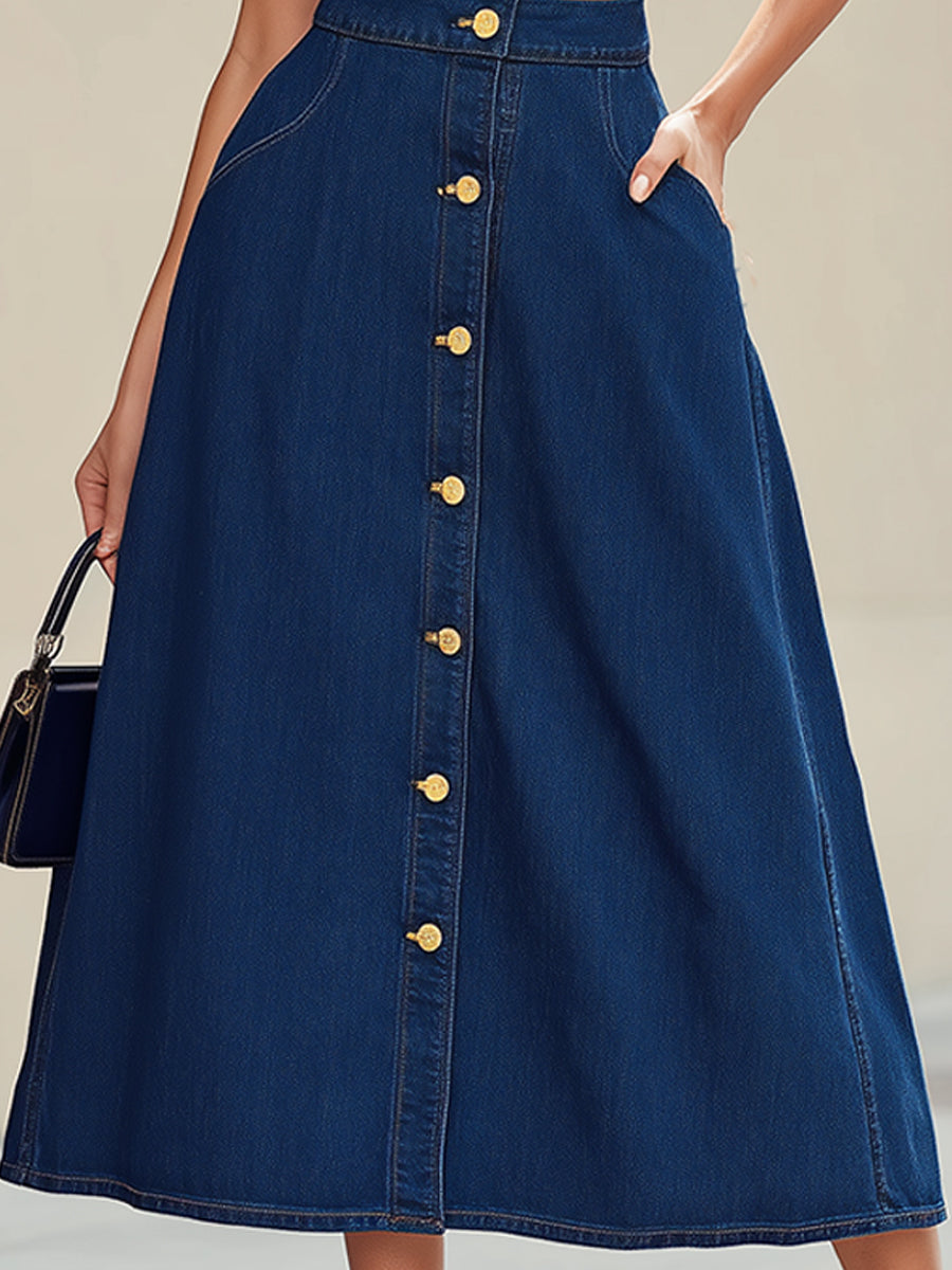 Retro Indigo Denim Bustier Crop Top & Maxi Skirt To-delt Sæt