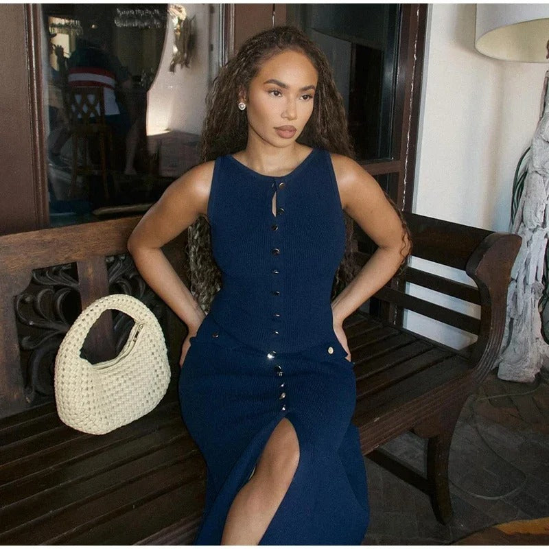 Kvinders strikket ærmeløs Button-Up Bodycon-kjole