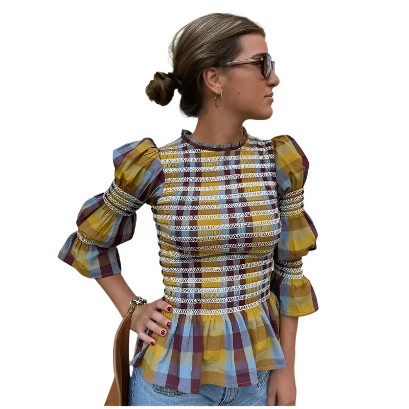 Plaid Puff Sleeve Tee til kvinder