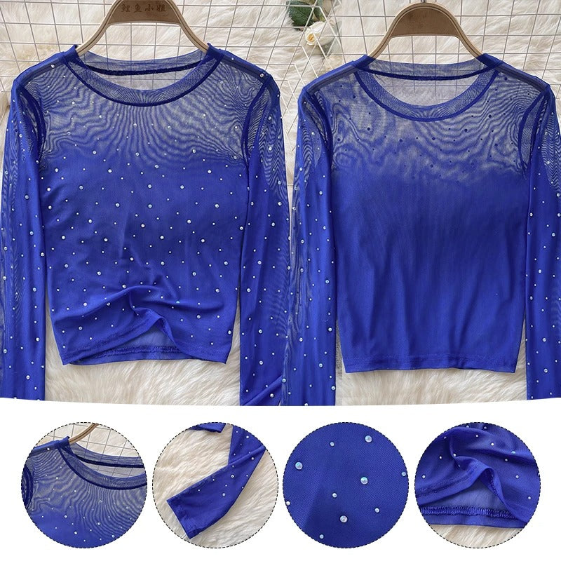 Dame Rhinestone Mesh langærmet Crop Top