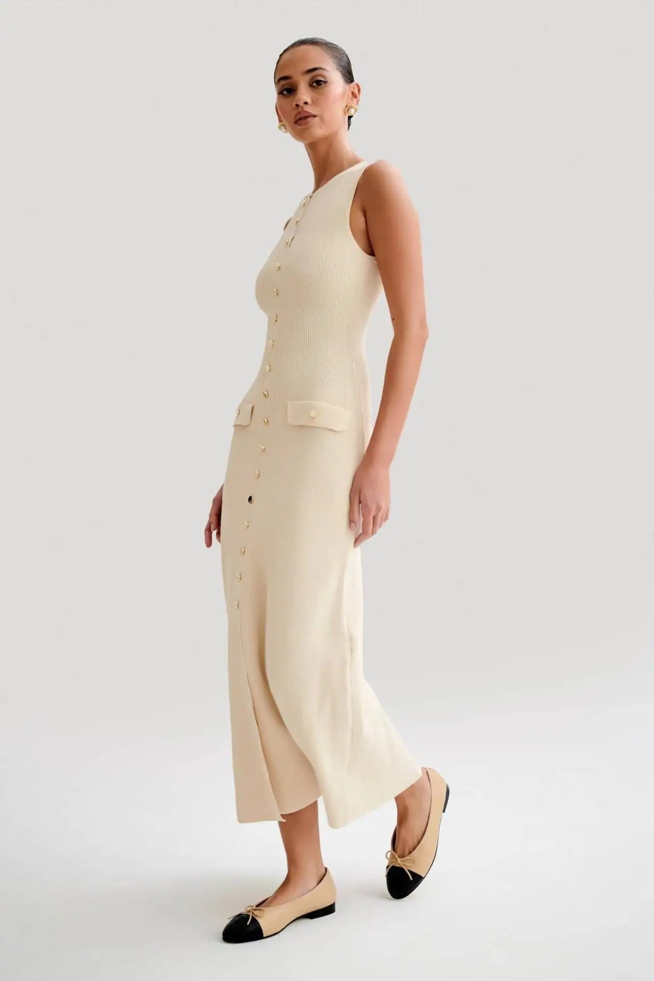 Kvinders strikket ærmeløs Button-Up Bodycon-kjole