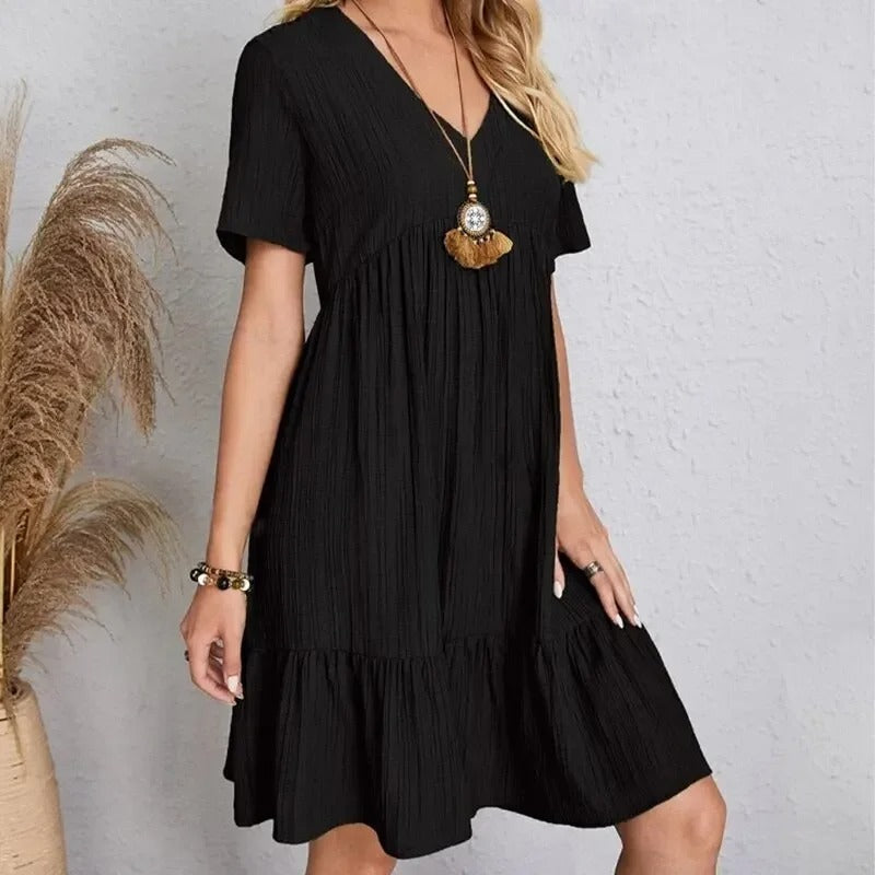 Dame V-hals Peplum Fit Flare Kjole
