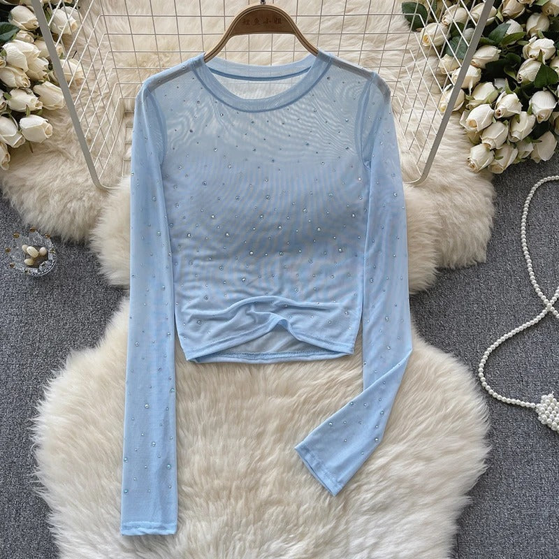 Dame Rhinestone Mesh langærmet Crop Top