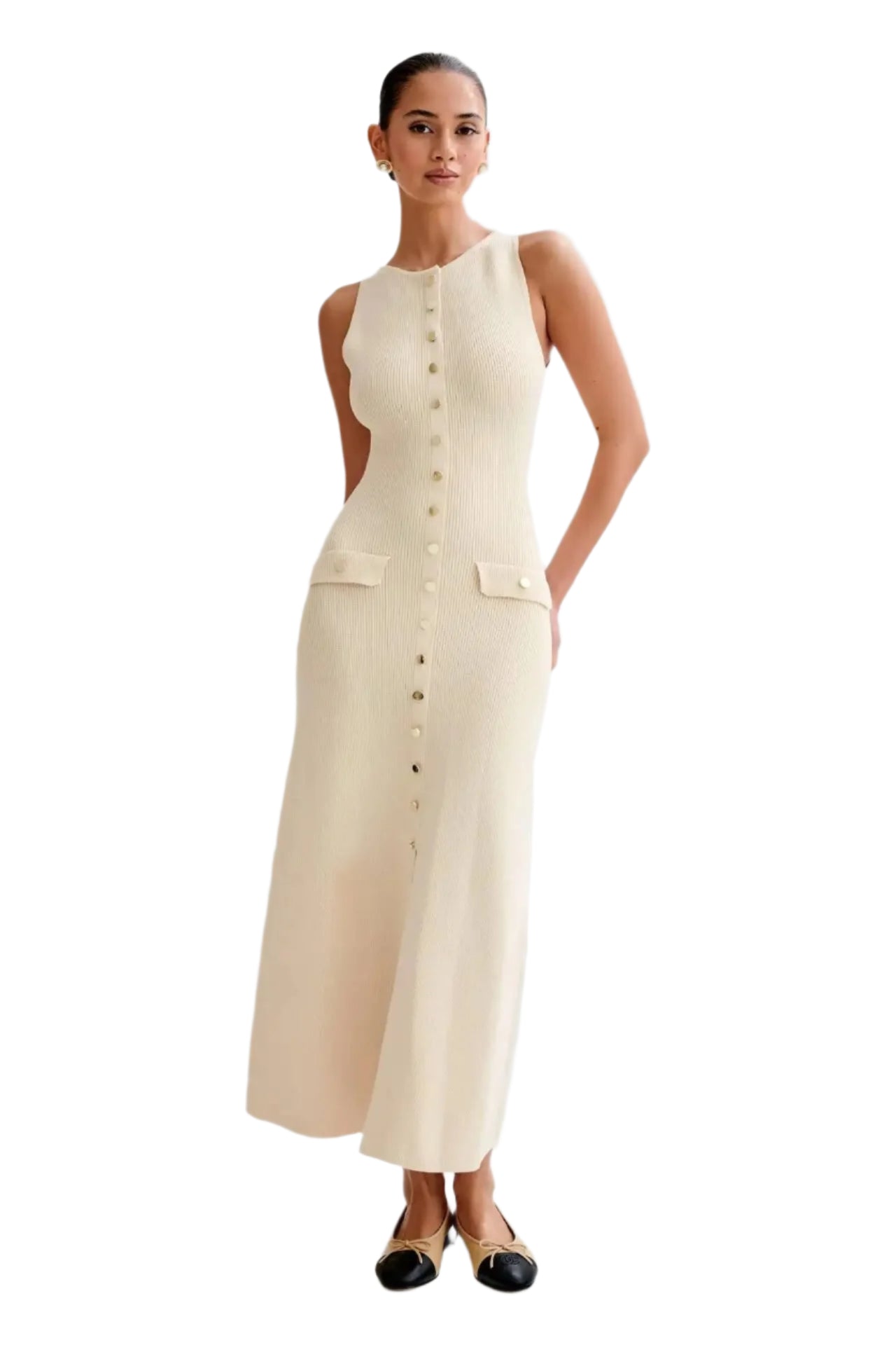 Kvinders strikket ærmeløs Button-Up Bodycon-kjole