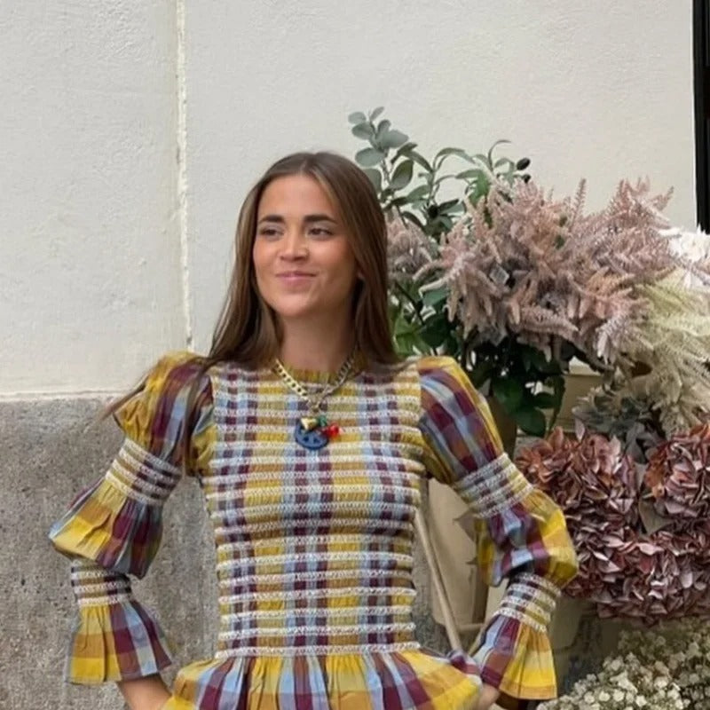 Plaid Puff Sleeve Tee til kvinder