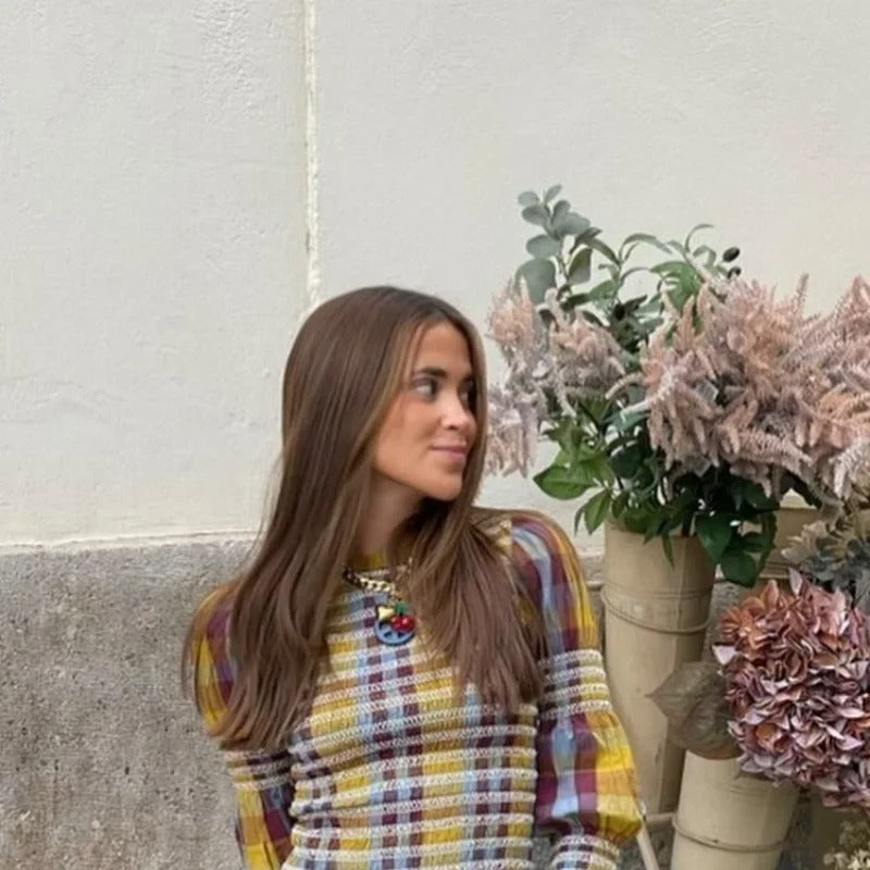 Plaid Puff Sleeve Tee til kvinder