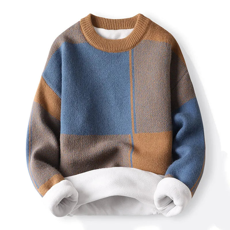 Herre Farveblok Strikket Jumper – Rund Hals, Lange Ærmer - Geometrisk Design
