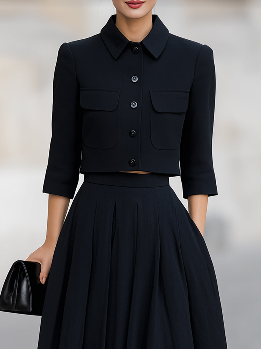 Tidless Sort Cropped Blazer & Plisseret Midi Skirt To-delt Sæt