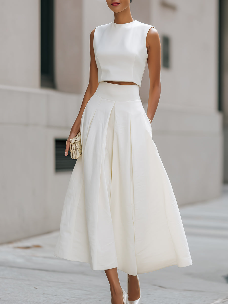 Ærmeløs Cropped Top Og Plisseret Midi Nederdel Sæt