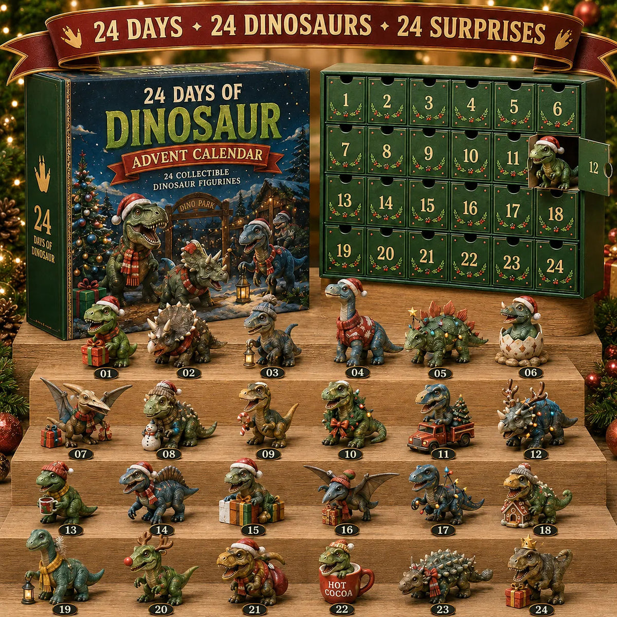 Dinosaur Christmas Advent Calendar – 24 Days, 24 Dino Collectible Figures