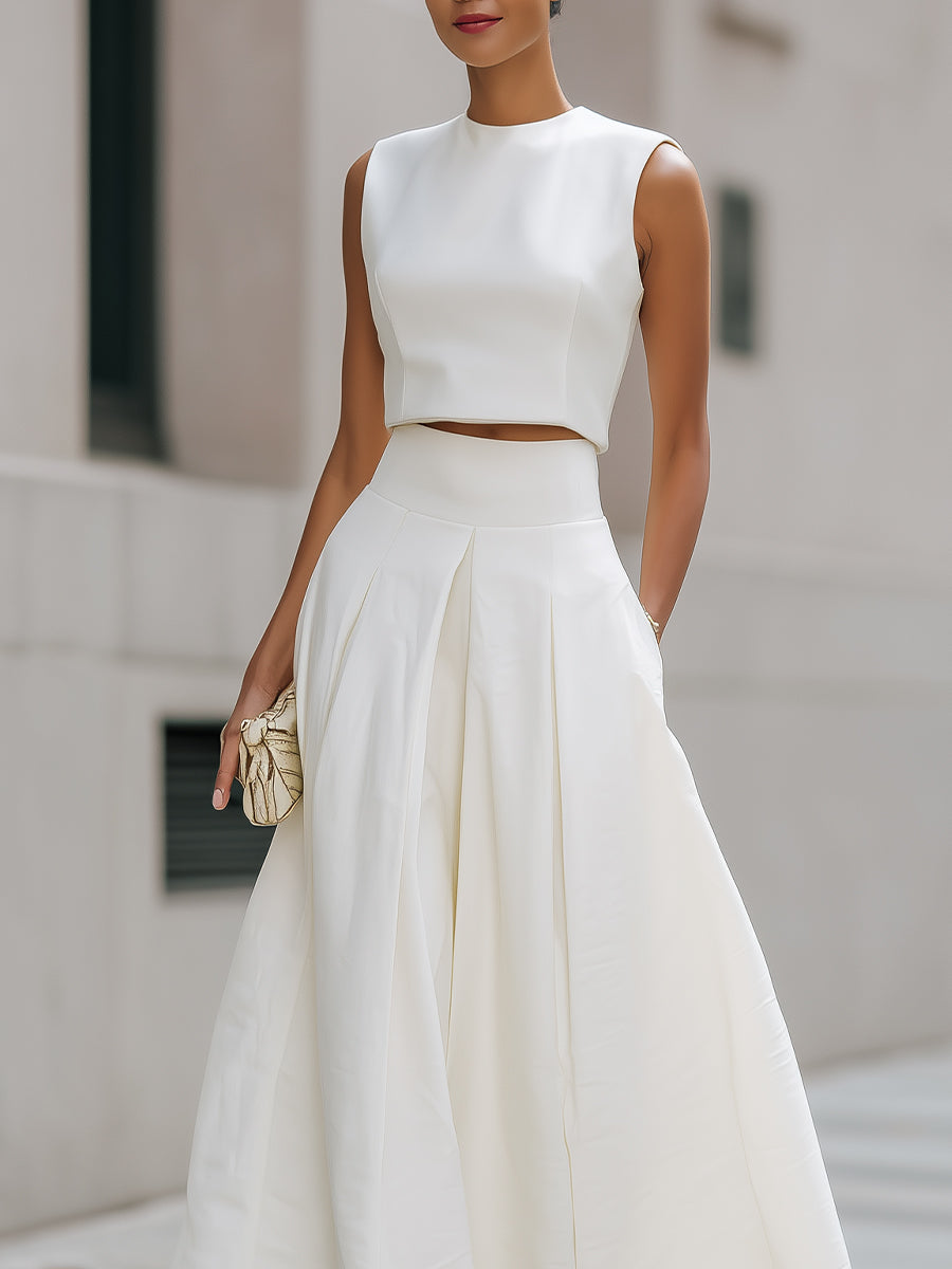 Ærmeløs Cropped Top Og Plisseret Midi Nederdel Sæt