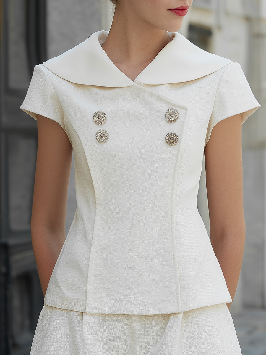Elegant Dobbeltknappet Skulptureret Top & A-Line Nederdel Sæt